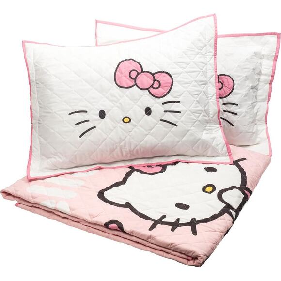 NEW Jay Franco Hello Kitty Pink Stripes & Hearts Twin Size Quilt & Sham Set - Picture 8 of 9